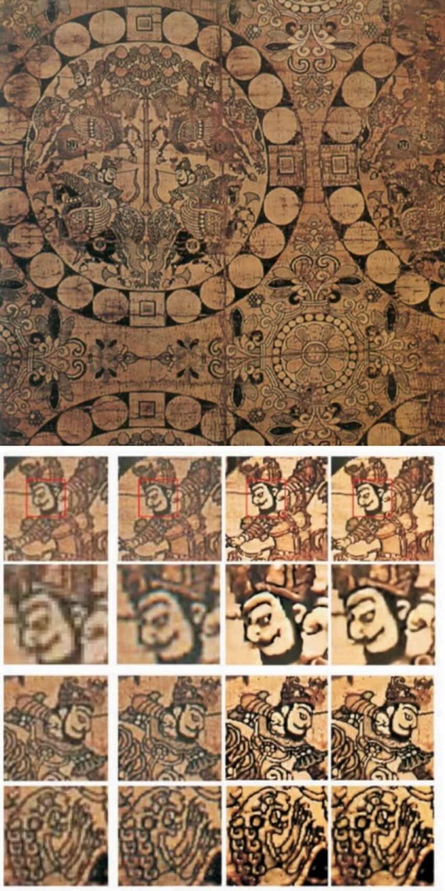 “四天王狩狮纹锦”用不同方法还原的结果。第四列为四川省丝绸科学研究院复原的结果。受访者供图